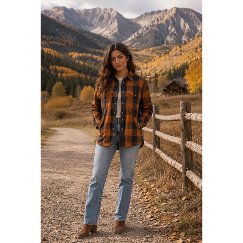 KAVU Women's XS Buffalo Plaid Flannel Shacket Rust Black Cotton Snap Front
